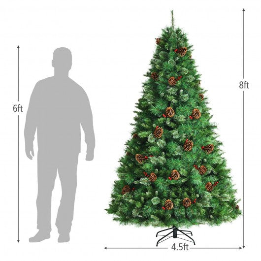 Pre-lit Hinged Christmas Tree with Pine Cones and Red Berries-8'