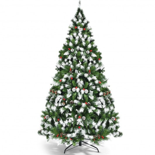 Pre-lit Snow Flocked Christmas Tree with Red Berries and LED Lights