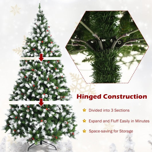 Pre-lit Snow Flocked Christmas Tree with Red Berries and LED Lights