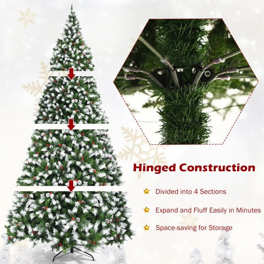 Pre-lit Snow Flocked Christmas Tree with Red Berries and LED Lights