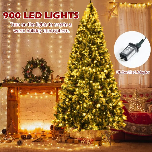 Pre-lit Snow Flocked Christmas Tree with Red Berries and LED Lights