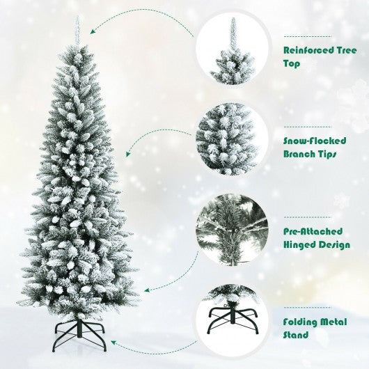 Snow-Flocked Hinged Artificial Christmas Pencil Tree with Mixed Tips-6.5 ft
