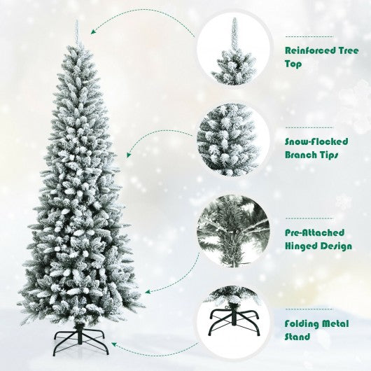 Snow-Flocked Hinged Artificial Christmas Pencil Tree with Mixed Tips-7.5 ft