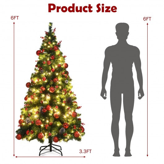 Pre-lit Christmas Hinged Tree with Red Berries and Ornaments-6 ft