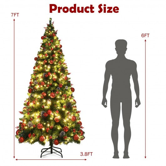 Pre-lit Christmas Hinged Tree with Red Berries and Ornaments-7 ft