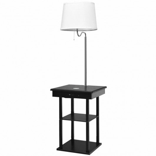 Floor Lamp Bedside Desk with USB Charging Ports Shelves-White