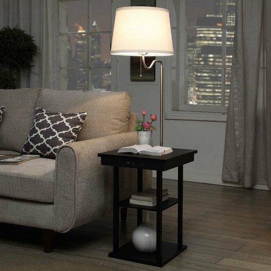 Floor Lamp Bedside Desk with USB Charging Ports Shelves-White