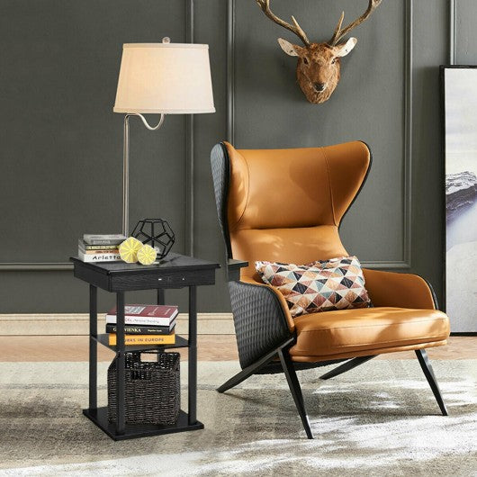 Floor Lamp Bedside Desk with USB Charging Ports Shelves-White