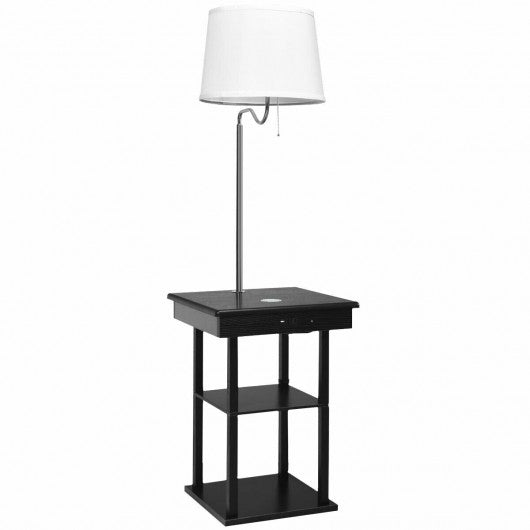 Floor Lamp Bedside Desk with USB Charging Ports Shelves-White
