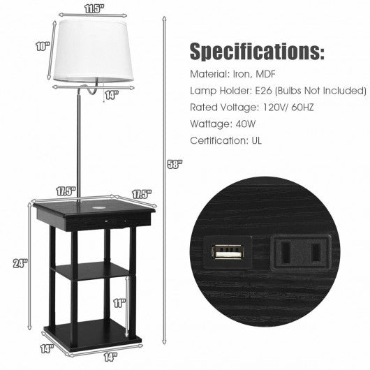 Floor Lamp Bedside Desk with USB Charging Ports Shelves-White