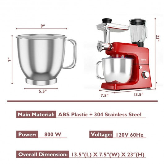 3-in-1 Multi-functional 6-speed Tilt-head Food Stand Mixer-Red