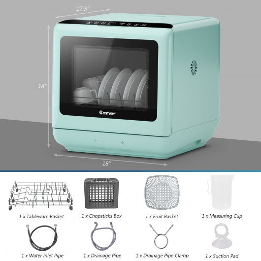 Countertop Air Drying Dishwasher with Water Tank and 5 Programs-Green
