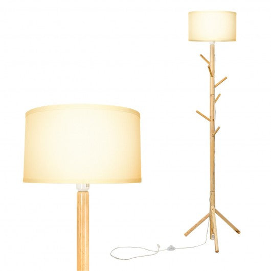 Multifunctional Wood Floor Light with 6 Hooks and E26 Lamp Holder for Living Room Bedroom Hallway