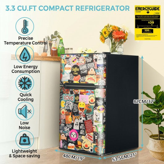 3.3 CU.FT. Compact Refrigerator with Freezer 2 Reversible Door Mini Fridge-Multicolor