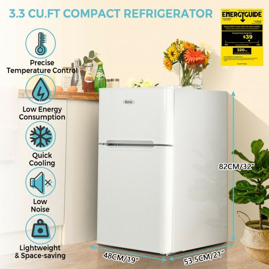 3.3 Cubic Feet Compact Refrigerator with Freezer 2 Reversible Door Mini Fridge-White