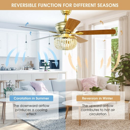 52" Retro Ceiling Fan Light with Reversible Blades Remote Control-Golden