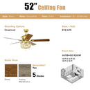 52" Retro Ceiling Fan Light with Reversible Blades Remote Control-Golden
