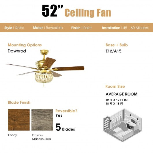 52" Retro Ceiling Fan Light with Reversible Blades Remote Control-Golden