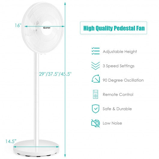 16" Oscillating Pedestal 3-Speed Adjustable Height Fan with Remote Control-White
