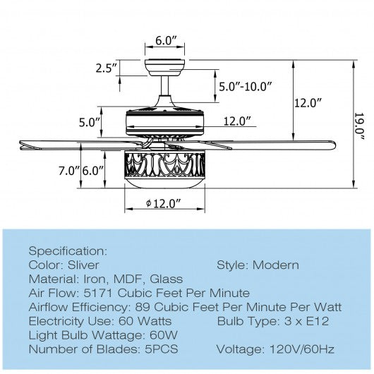 52" Ceiling Fan with Light Reversible Blade and Adjustable Speed-Silver