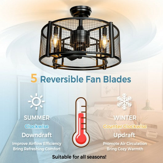20 Inch Caged Bladeless Ceiling Fan with Light Reversible Motor and Remote Control-Black