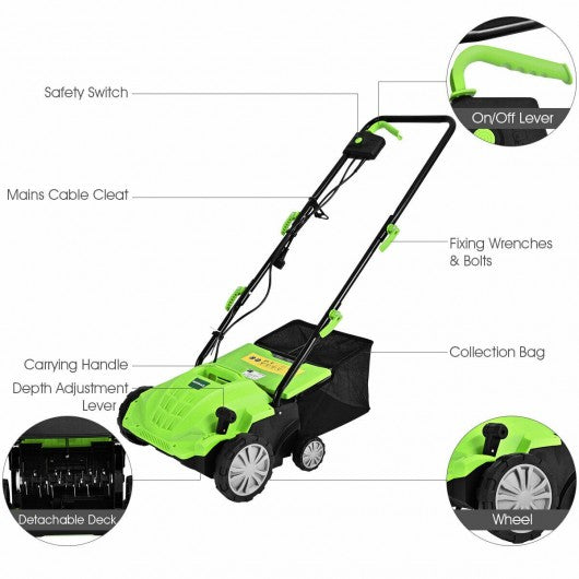 12Amp Corded Scarifier 13” Electric Lawn Dethatcher with 40L Collection Bag -Green
