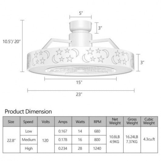 23" Ceiling Fan with LED Light and Remote Control-White