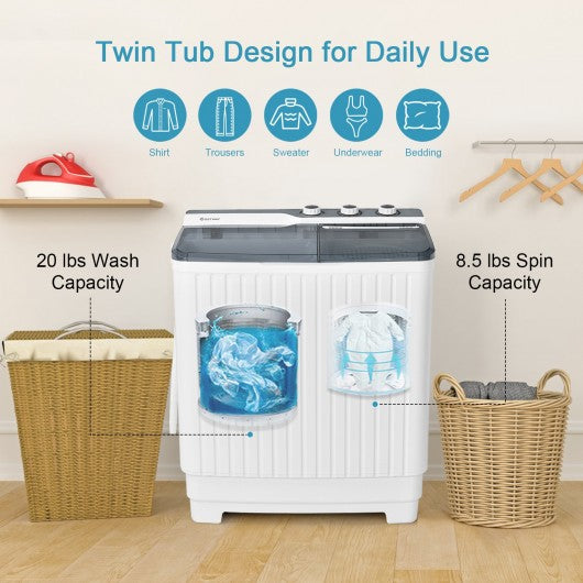 Portable Washing Machine 20lbs Washer and 8.5lbs Spinner with Built-in Drain Pump-Gray