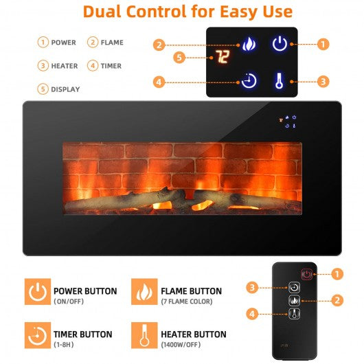36" Electric Wall Mounted Freestanding Fireplace with Remote Control-Black