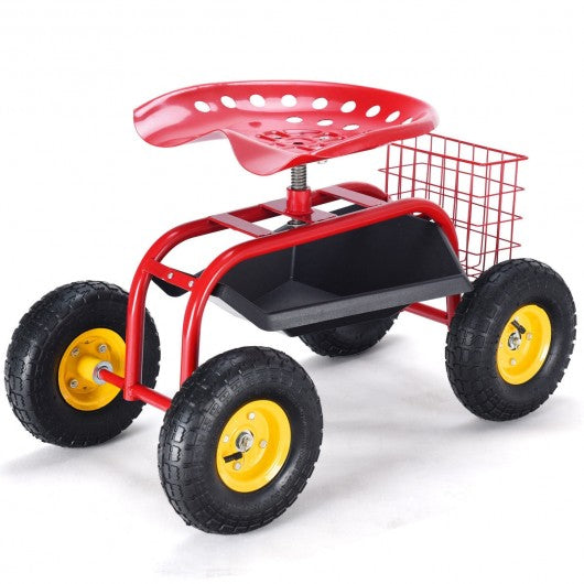 Red-Green Garden Cart Rolling Work Seat With Heavy Duty Tool Tray Gardening Planting-Red