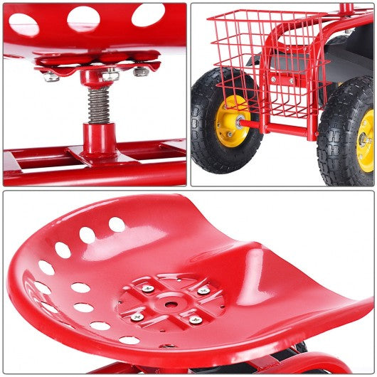 Red-Green Garden Cart Rolling Work Seat With Heavy Duty Tool Tray Gardening Planting-Red