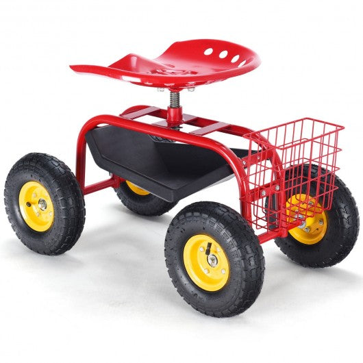 Red-Green Garden Cart Rolling Work Seat With Heavy Duty Tool Tray Gardening Planting-Red
