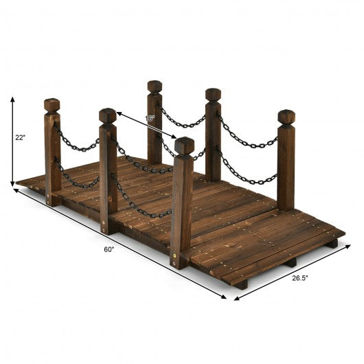 5 ft Wooden Garden Bridge Arc Footbridge Stained Finish Walkway with Safety Rails