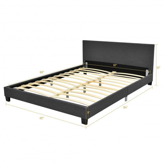Queen Upholstered Platform Bed Frame with Linen Headboard Wood Slat-Gray