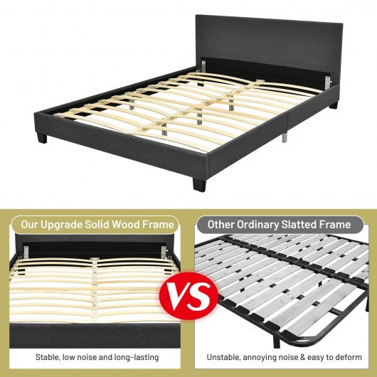 Queen Upholstered Platform Bed Frame with Linen Headboard Wood Slat-Gray
