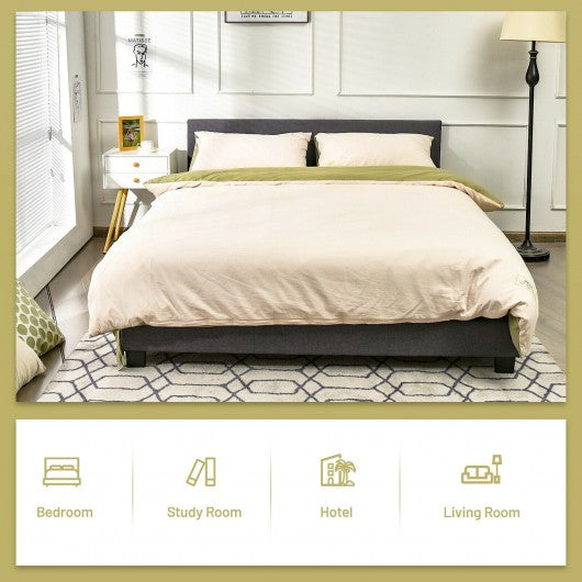 Queen Upholstered Platform Bed Frame with Linen Headboard Wood Slat-Gray