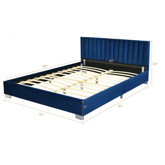Queen Tufted Upholstered Platform Bedstead Flannel Headboard-Navy