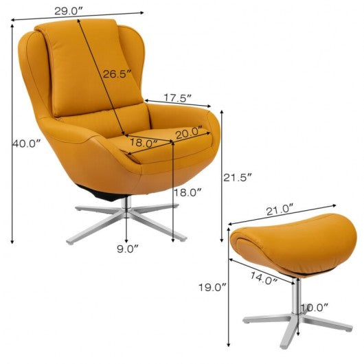 Swivel Top Grain Leather Lounge Armchair Rocking Chair with Ottoman-Yellow