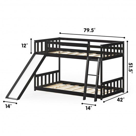 Twin over Twin Bunk Wooden Low Bed with Slide Ladder for Kids-Espresso