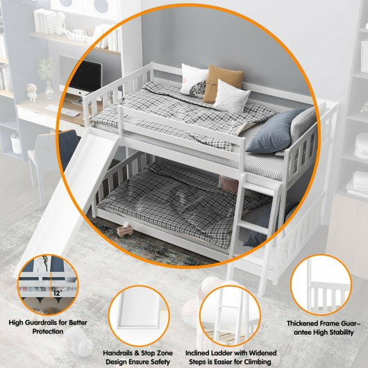 Twin over Twin Bunk Wooden Low Bed with Slide Ladder for Kids-White