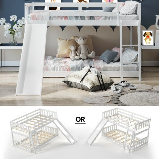Twin over Twin Bunk Wooden Low Bed with Slide Ladder for Kids-White
