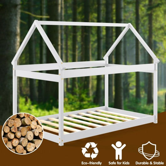 Stable Kids Platform Floor Bed with Roof ang Heavy-Duty Slats-White