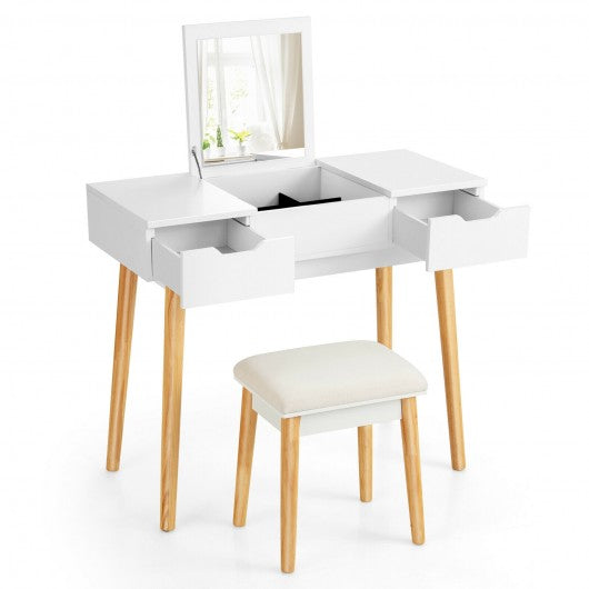 Makeup Vanity Table Set with Flip Top Mirror and 2 Drawers-White