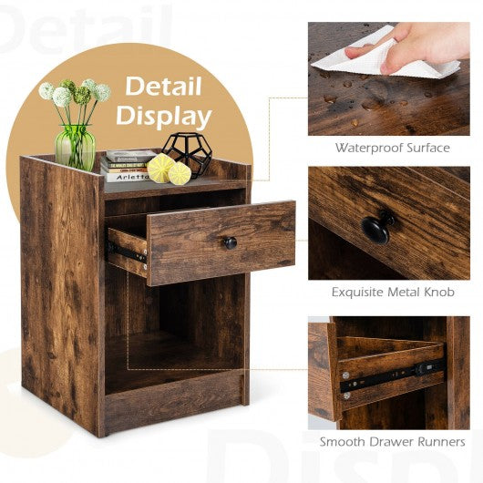 Set of 2 Nightstand with Drawer Cabinet End Side Table Raised Top-Brown