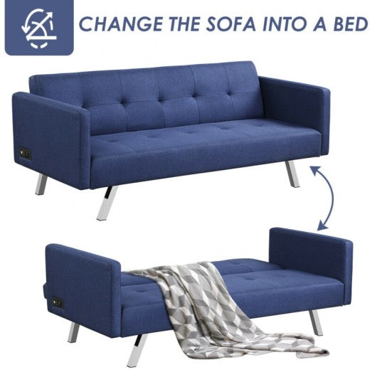 Convertible Futon Sofa Bed Folding Recliner with USB Ports and Power Strip-Blue