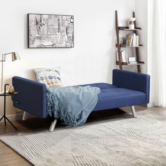 Convertible Futon Sofa Bed Folding Recliner with USB Ports and Power Strip-Blue