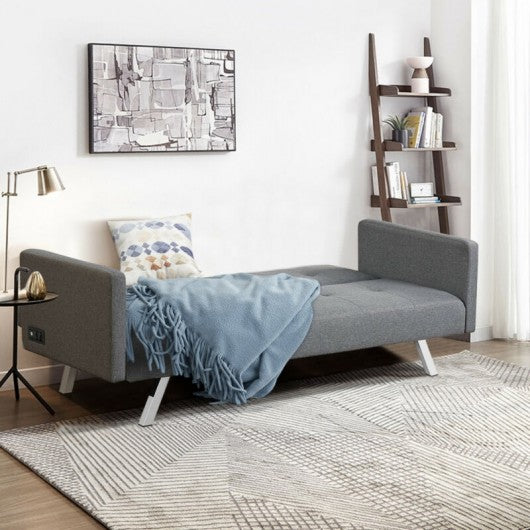 Convertible Futon Sofa Bed Folding Recliner with USB Ports and Power Strip-Gray