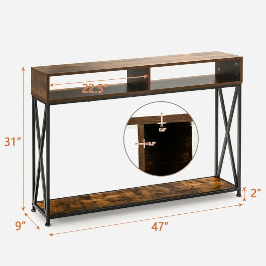 Console Table with Open Shelf and Storage Compartments Steel Frame-Brown