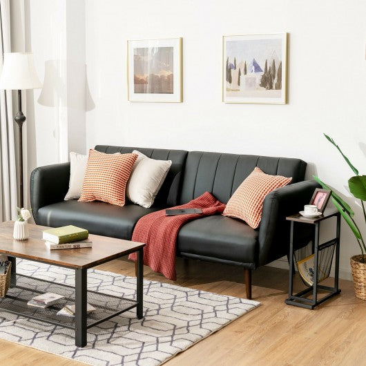 Convertible Futon Sofa Bed PU Adjustable Couch Sleeper with Wood Legs-Black