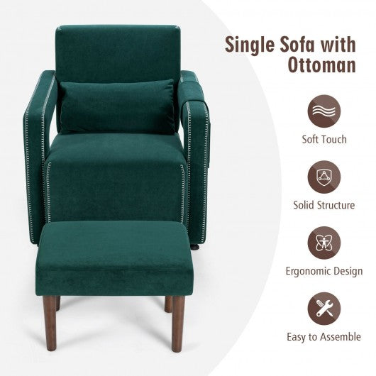 Modern Berber Fleece Single Sofa Chair with Ottoman and Waist Pillow-Green